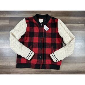 NWT Forever 21 Women Bomber Jacket Plaid Red Black Knit Sweater Sleeve Preppy L